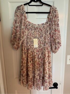 Smocked Floral Tiered Dress in Cream and Pink for Women